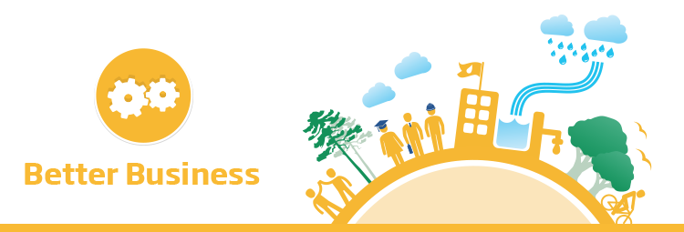 The banner image features the text 'Better Business' in yellow with the respective Better Business cog icon. Beside this is a 2D flat illustrative town with business people and an ecosystem positioned around the circumference of a hemispherical shape symbolising a globe. This illustration is of a yellow colour scheme representing the Better Business sector of the Brambles' sustainability framework.