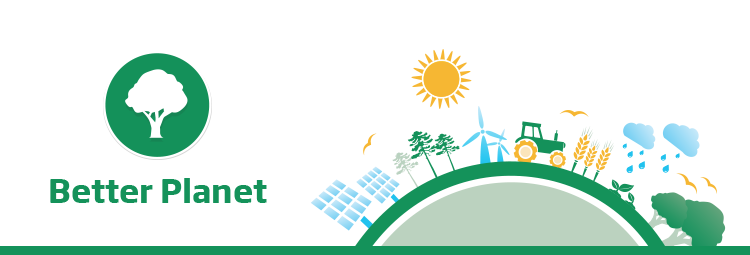 The banner image features the text 'Better Planet' in green with the respective Better Planet tree icon. Beside this is a 2D flat illustrative town with business people and an ecosystem positioned around the circumference of a hemispherical shape symbolising a globe. This illustration is of a green colour scheme representing the Better Planet sector of the Brambles' sustainability framework.
