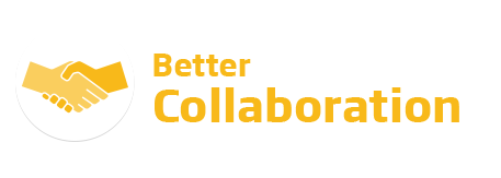 An image of the 'Better Collaboration' logo. This text is featured in yellow beside a yellow handshake icon.