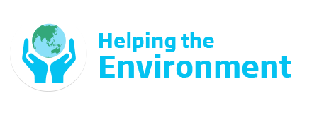 An image of the Better Communities 'Helping the Environment' logo. This text is featured in cyan beside a icon of two hands carefully holding the Earth.