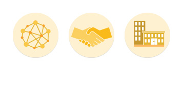 An image consisting of the three icons that represent the 3 goals within the Better Business Sector of the Brambles' Sustainability framework. These include Better Supply Chains represented through a network icon, Better Collaboration represented through a handshake icon, and Better Workplace represented through a buildings icon.