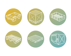 6 different logistics icons each inside a green to yellow gradient circles. The icons are of various forms of pallets, crates and containers