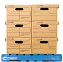 Side view image on a blue CHEP pallet with a stock load of brown boxes